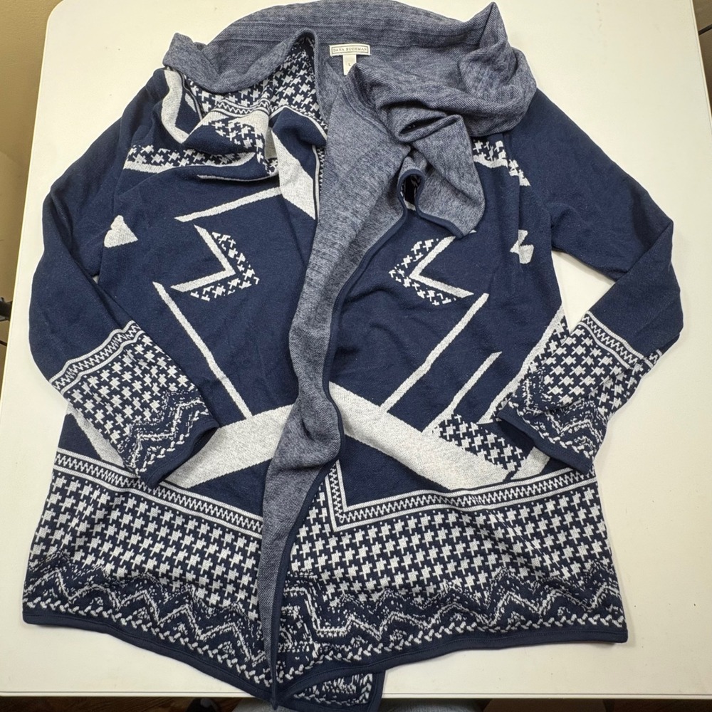 Dana Buchman Navy Blue White Geometric Houndstooth Cotton‎ Cardigan Sweater L